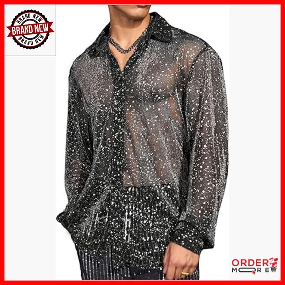 Other - Men's Sparkly Sequin Sheer Mesh Button Down Shirt Long Sleeve Party Top